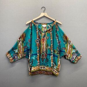 794 ECI Green Floral Print Tie Front Relaxed Blouse Large